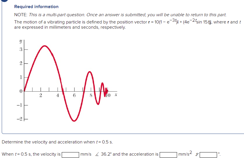 Required information
NOTE: This is a multi-part question. Once an answer is submitted, you will be unable to return to this part.
The motion of a vibrating particle is defined by the position vector r = 10(1 – e 35i + (4e-2sin 15tj, where r and t
are expressed in millimeters and seconds, respectively.
3
2
1
2
4
6
8
-1
Determine the velocity and acceleration when t= 0.5 s.
When t= 0.5 s, the velocity is
mm/s 4 36.2° and the acceleration is
|mm/s2
