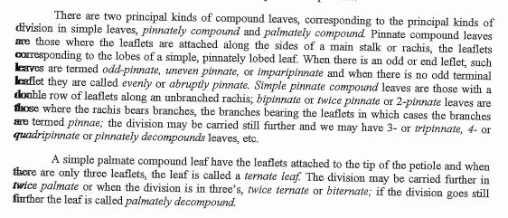 There are two principal kinds of compound leaves, corresponding to the principal kinds of
division in simple leaves, pinnately compound and palmately compound Pinnate compound leaves
are those where the leaflets are attached along the sides of a main stalk or rachis, the leaflets
corresponding to the lobes of a simple, pinnately lobed leaf. When there is an odd or end leflet, such
kaves are termed odd-pinnate, uneven pinnate, or imparipinnate and when there is no odd terminal
leaflet they are called evenly or abruptly pinnate. Simple pinnate compound leaves are those with a
double row of leaflets along an unbranched rachis; bipinnate or twice pinnate or 2-pinnate leaves are
those where the rachis bears branches, the branches bearing the leaflets in which cases the branches
ae termed pinnae; the division may be carried still further and we may have 3- or tripinnate, 4- or
quadripinnate or pinnately decompounds leaves, etc.
A simple palmate compound leaf have the leaflets attached to the tip of the petiole and when
there are only three leaflets, the leaf is called a ternate leaf. The division may be carried further in
twice palmate or when the division is in three's, twice ternate or biternate; if the division goes still
firther the leaf is called palmately decompound.
