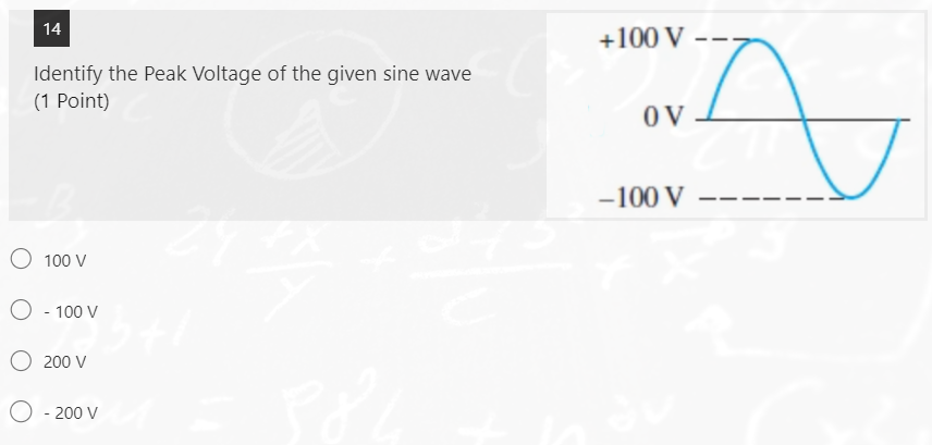 14
+100 V
Identify the Peak Voltage of the given sine wave
(1 Point)
OV
-100 V
100 V
O - 100 V
O 200 V
- 200 V
