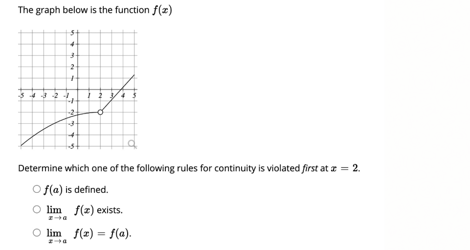 The graph below is the function f(x)
4
-5 -4 -3 -2 -1
2
3/ 4
-2
-4
-5-
Determine which one of the following rules for continuity is violated first at x = 2.
O f(a) is defined.
O lim
f(x) exists.
O lim
f(x) = f(a).
