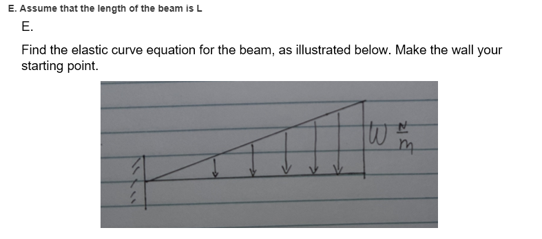 E. Assume that the length of the beam is L
Е.
Find the elastic curve equation for the beam, as illustrated below. Make the wall your
starting point.
