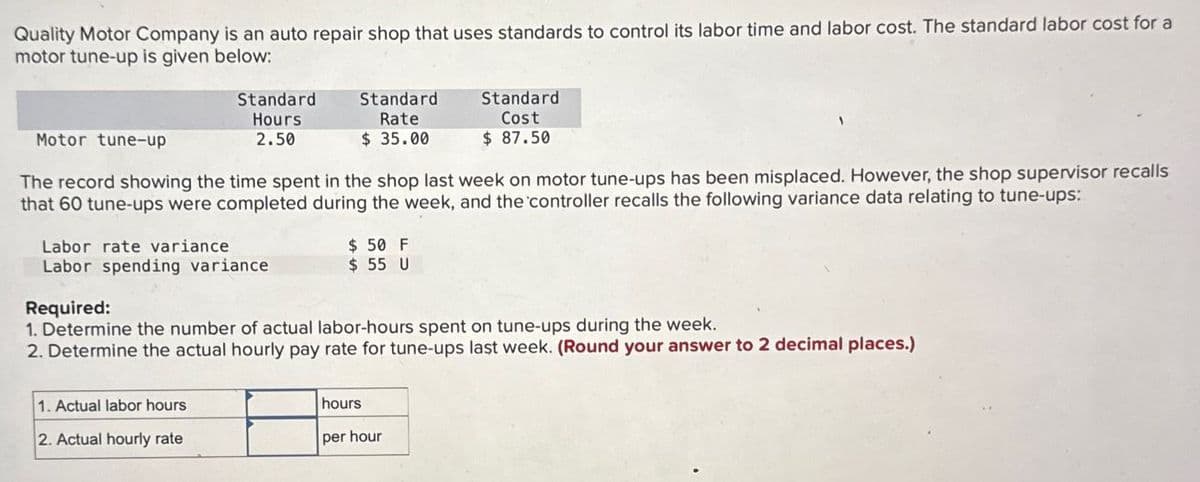 Quality Motor Company is an auto repair shop that uses standards to control its labor time and labor cost. The standard labor cost for a
motor tune-up is given below:
Motor tune-up
Standard
Hours
2.50
Standard
Rate
$ 35.00
Standard
Cost
$ 87.50
The record showing the time spent in the shop last week on motor tune-ups has been misplaced. However, the shop supervisor recalls
that 60 tune-ups were completed during the week, and the controller recalls the following variance data relating to tune-ups:
Labor rate variance
$ 50 F
Labor spending variance
$ 55 U
Required:
1. Determine the number of actual labor-hours spent on tune-ups during the week.
2. Determine the actual hourly pay rate for tune-ups last week. (Round your answer to 2 decimal places.)
1. Actual labor hours
hours
2. Actual hourly rate
per hour