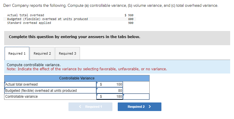 Derr Company reports the following. Compute (a) controllable variance, (b) volume variance, and (c) total overhead variance.
Actual total overhead
Budgeted (flexible) overhead at units produced
standard overhead applied
Complete this question by entering your answers in the tabs below.
Required 1 Required 2
Required 3
Compute controllable variance.
Note: Indicate the effect of the variance by selecting favorable, unfavorable, or no variance.
Controllable Variance
Actual total overhead
Budgeted (flexible) overhead at units produced
Controllable variance
$
$
$ 980
800
900
< Required 1
100
80
180
Required 2 >