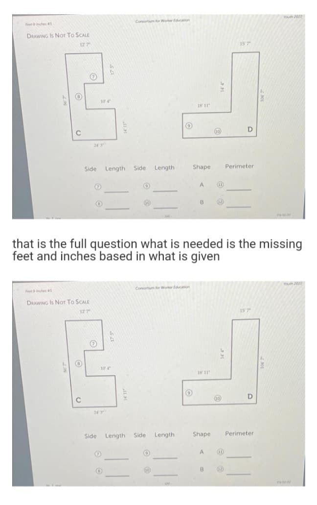 Consortium for Worker Education
Youth 2022
Feet inches eS
DRAWING Is Nor To SCALE
12 7
157
In
10 4
18' 11
243
Side Length Side
Length
Shape
Perimeter
A
(1)
10
B
that is the full question what is needed is the missing
feet and inches based in what is given
Youth 2022
Feelinches
Cosortum for Worter Education
DRAWING Is NOr To SCALE
12 7
157
10 4
18 11
D
243
Side Length Side
Length
Shape
Perimeter
(1)
10
B
12
100
