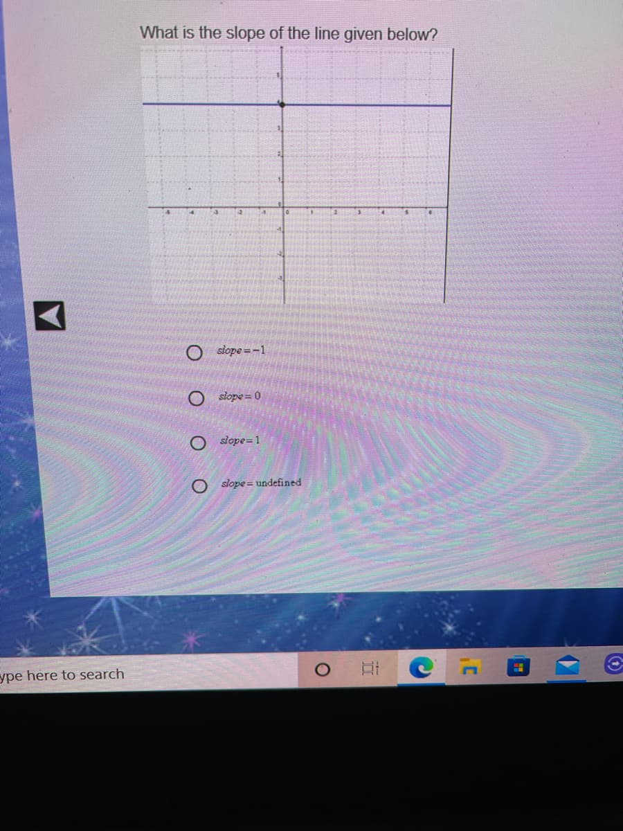 What is the slope of the line given below?
slope =-1
slope = 0
slope= 1
O slope = undefined
口
ype here to search
近
O O O O
