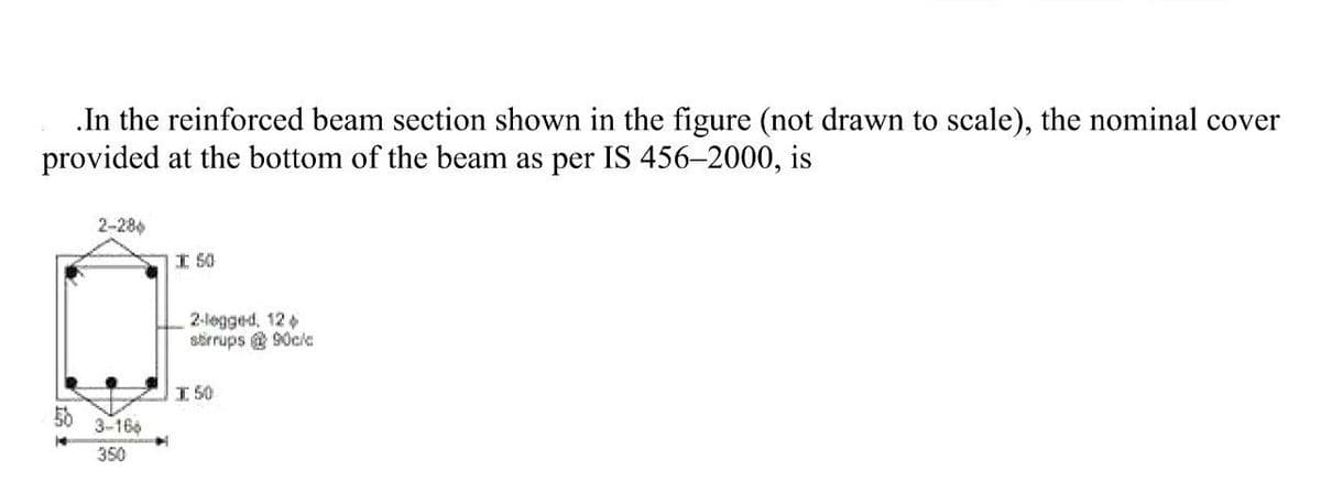 .In the reinforced beam section shown in the figure (not drawn to scale), the nominal cover
provided at the bottom of the beam as per IS 456-2000, is
50
14
2-280
3-166
350
I 50
2-legged, 12
stirrups @ 90c/c
I 50