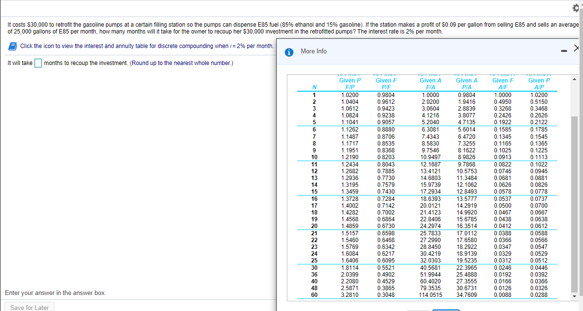 It costs $30,000 to retrofit the gasoline pumps at a certain filling station so the pumps can dispense E85 fuel (85% ethanol and 15% gasoline). If the station makes a profit of S0.09 per gallon from selling E85 and sells an average
of 25,000 gallons of E85 per month, how many months will it take for the owner to recoup her $30,000 investment in the retrofitted pumps? The interest rate is 2% per month.
Click the icon to view the interest and annuity table for discrete compounding when i= 2% per month.
1 More Info
It will take
| months to recoup the investment. (Round up to the nearest whole number.)
Given P
Given F
Given A
Given A
Given F
Given P
F/P
P/F
FIA
P/A
A/F
A/P
1
1.0200
0.9804
1.0000
0.9804
1.0000
1.0200
0.4950
0.3268
0.2426
0.1922
0.1585
0.1345
0.1165
0.1025
0.0913
0.0822
0.0746
0.0681
0.0626
0.0578
2
1.0404
0.9612
2.0200
3.0604
1.9416
2.8839
0.5150
3
1.0612
0.9423
0.3468
1.0824
1.1041
1.1262
3.8077
4.7135
5.6014
6.4720
7.3255
8.1622
8.9826
9.7868
0.2626
0.2122
0.1785
4
0.9238
4.1216
5.2040
6.3081
5
0.9057
0.8880
7
1.1487
1.1717
0.8706
7.4343
0.1545
0.1365
0.1225
0.1113
0.8535
0.8368
0.8203
0.8043
0.7885
0.7730
0.7579
8.5830
9.7546
10.9497
12.1687
8
9
1.1951
10
1.2190
11
1.2434
1.2682
0.1022
0.0946
0.0881
0.0826
0.0778
12
13.4121
10.5753
1.2936
1.3195
1.3459
14.6803
15.9739
17.2934
13
11.3484
14
12.1062
15
0.7430
12.8493
16
1.3728
0.7284
18.6393
20.0121
13.5777
0.0537
0.0737
1.4002
1.4282
17
0.7142
0.7002
0.6864
0.6730
0.6598
14.2919
0.0500
0.0467
0.0438
0.0412
0.0388
0.0700
0.0667
0.0638
0.0612
0.0588
21.4123
22.8406
14.9920
15.6785
16.3514
17.0112
18
19
1.4568
1.4859
1.5157
1.5460
1.5769
1.6084
1.6406
1.8114
2.0399
20
24.2974
21
25.7833
22
0.6468
27.2990
28.8450
17.6580
0.0366
0.6342
0.6217
0.6095
0.5521
0.0566
0.0547
0.0529
0.0512
0.0446
18.2922
18.9139
23
0.0347
30.4219
0.0329
0.0312
0.0246
0.0192
0.0166
0.0126
24
19.5235
22.3965
25
32.0303
40.5681
51.9944
30
36
0.4902
25.4888
0.0392
0.4529
0.3865
40
2.2080
60.4020
27.3555
0.0366
0.0326
48
2.5871
79.3535
30.6731
Enter your answer in the answer box.
60
3.2810
0.3048
114.0515
34.7609
0.0088
0.0288
Save for Later
