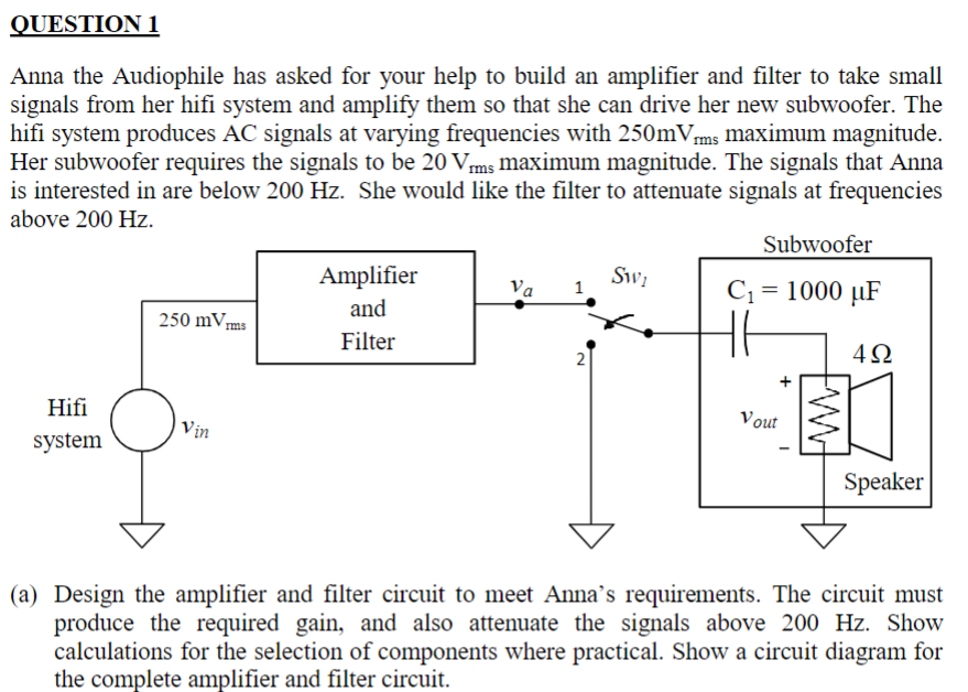 QUESTION 1
Anna the Audiophile has asked for your help to build an amplifier and filter to take small
signals from her hifi system and amplify them so that she can drive her new subwoofer. The
hifi system produces AC signals at varying frequencies with 250mVrms maximum magnitude.
Her subwoofer requires the signals to be 20 Vrms maximum magnitude. The signals that Anna
is interested in are below 200 Hz. She would like the filter to attenuate signals at frequencies
above 200 Hz.
Hifi
system
250 mVrms
Vin
Amplifier
and
Filter
Va
2
SWI
Subwoofer
C₁ = 1000 μF
µF
+
WWW
I
Vout
4Ω
Speaker
(a) Design the amplifier and filter circuit to meet Anna's requirements. The circuit must
produce the required gain, and also attenuate the signals above 200 Hz. Show
calculations for the selection of components where practical. Show a circuit diagram for
the complete amplifier and filter circuit.