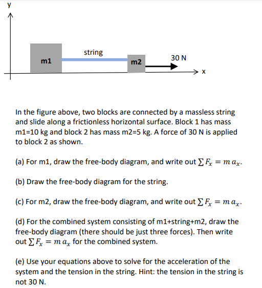 string
30 N
m1
m2
In the figure above, two blocks are connected by a massless string
and slide along a frictionless horizontal surface. Block 1 has mass
m1=10 kg and block 2 has mass m2=5 kg. A force of 30 N is applied
to block 2 as shown.
(a) For m1, draw the free-body diagram, and write out E F = max.
(b) Draw the free-body diagram for the string.
(c) For m2, draw the free-body diagram, and write out E F, = maz.
(d) For the combined system consisting of m1+string+m2, draw the
free-body diagram (there should be just three forces). Then write
out E F, = ma, for the combined system.
(e) Use your equations above to solve for the acceleration of the
system and the tension in the string. Hint: the tension in the string is
not 30 N.
