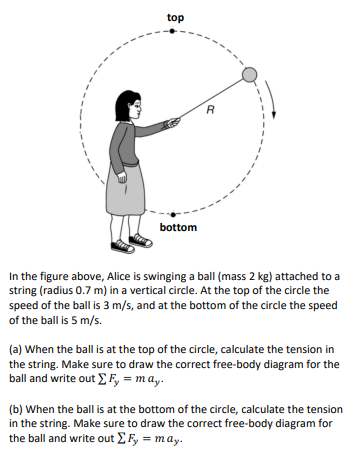 top
bottom
In the figure above, Alice is swinging a ball (mass 2 kg) attached to a
string (radius 0.7 m) in a vertical circle. At the top of the circle the
speed of the ball is 3 m/s, and at the bottom of the circle the speed
of the ball is 5 m/s.
(a) When the ball is at the top of the circle, calculate the tension in
the string. Make sure to draw the correct free-body diagram for the
ball and write out E F, = may.
(b) When the ball is at the bottom of the circle, calculate the tension
in the string. Make sure to draw the correct free-body diagram for
the ball and write out EF, = m ay.
