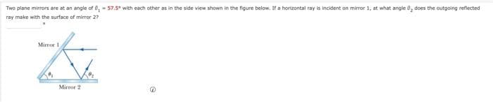 Two plane mirrors are at an angle of 0,57.5 with each other as in the side view shown in the figure below. If a horizontal ray is incident on mirror 1, at what angle 0₂ does the outgoing reflected
ray make with the surface of mirror 2?
Mirror 1
Mirror 2
3