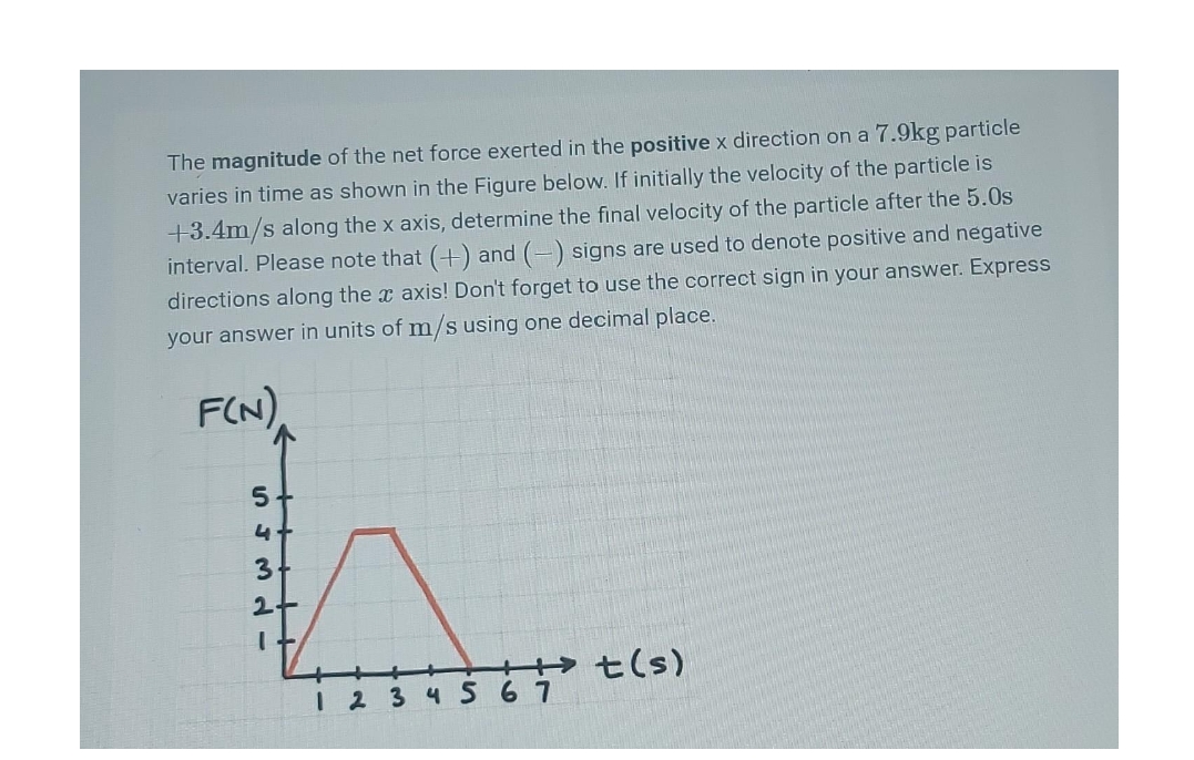 The magnitude of the net force exerted in the positive x direction on a 7.9kg particle
varies in time as shown in the Figure below. If initially the velocity of the particle is
+3.4m/s along the x axis, determine the final velocity of the particle after the 5.0s
interval. Please note that (+) and (-) signs are used to denote positive and negative
directions along the x axis! Don't forget to use the correct sign in your answer. Express
your answer in units of m/s using one decimal place.
F(N)
+ t(s)
1 2 34 S 67
