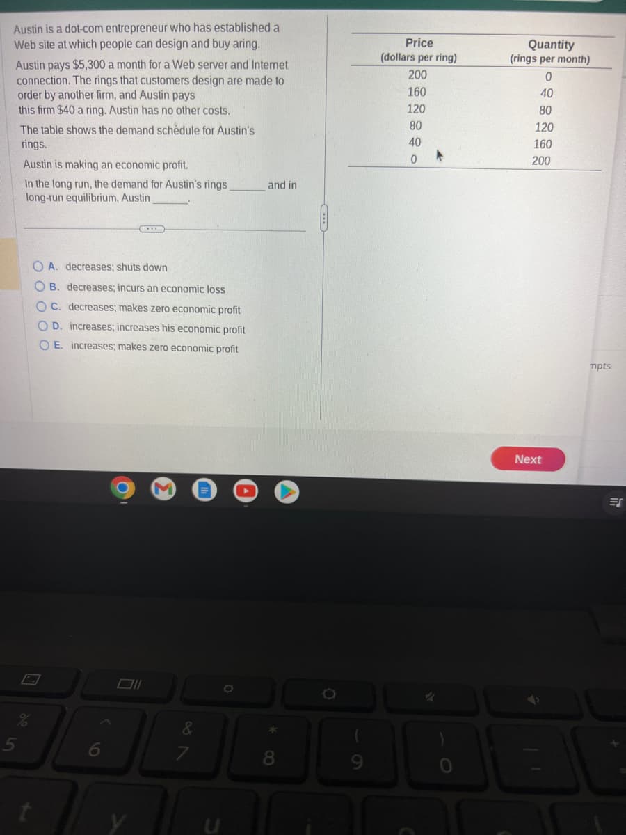 Austin is a dot-com entrepreneur who has established a
Web site at which people can design and buy aring.
Austin pays $5,300 a month for a Web server and Internet
connection. The rings that customers design are made to
order by another firm, and Austin pays
this firm $40 a ring. Austin has no other costs.
5
The table shows the demand schedule for Austin's
rings.
Austin is making an economic profit.
In the long run, the demand for Austin's rings
long-run equilibrium, Austin
OA. decreases; shuts down
OB. decreases; incurs an economic loss
OC. decreases; makes zero economic profit
OD. increases; increases his economic profit
OE. increases; makes zero economic profit
t
&
and in
Price
(dollars per ring)
200
160
120
80
40
0
▸
Quantity
(rings per month)
0
40
80
120
160
200
Next
mpts
ES