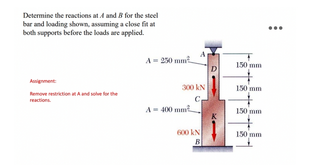 Determine the reactions at A and B for the steel
bar and loading shown, assuming a close fit at
both supports before the loads are applied.
Assignment:
Remove restriction at A and solve for the
reactions.
2
A 250 mm
A
300 kN
A = 400 mm2
600 kN
B
D
K
150 mm
150 mm
150 mm
150 mm
●●●