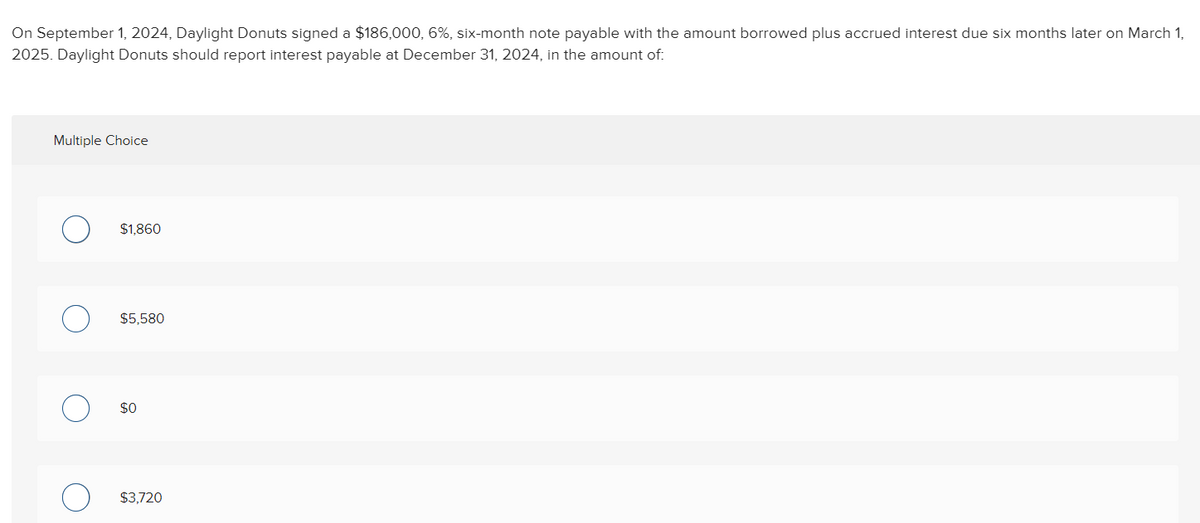 On September 1, 2024, Daylight Donuts signed a $186,000, 6%, six-month note payable with the amount borrowed plus accrued interest due six months later on March 1,
2025. Daylight Donuts should report interest payable at December 31, 2024, in the amount of:
Multiple Choice
$1,860
$5,580
$0
$3,720