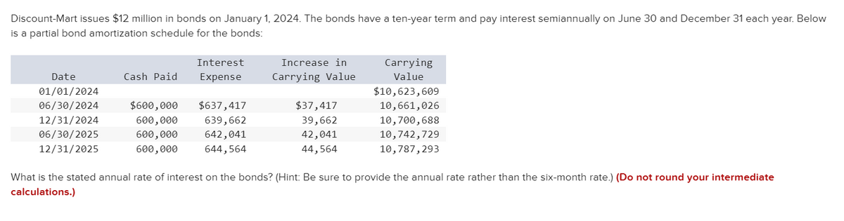 Discount-Mart issues $12 million in bonds on January 1, 2024. The bonds have a ten-year term and pay interest semiannually on June 30 and December 31 each year. Below
is a partial bond amortization schedule for the bonds:
Date
01/01/2024
06/30/2024
12/31/2024
06/30/2025
12/31/2025
Interest
Expense
$600,000 $637,417
HIT
639,662
642,041
644,564
Cash Paid
600,000
600,000
Increase in
Carrying Value
600,000
$37,417
39,662
42,041
44,564
Carrying
Value
$10,623,609
10,661,026
10,700,688
10,742,729
10,787,293
What is the stated annual rate of interest on the bonds? (Hint: Be sure to provide the annual rate rather than the six-month rate.) (Do not round your intermediate
calculations.)