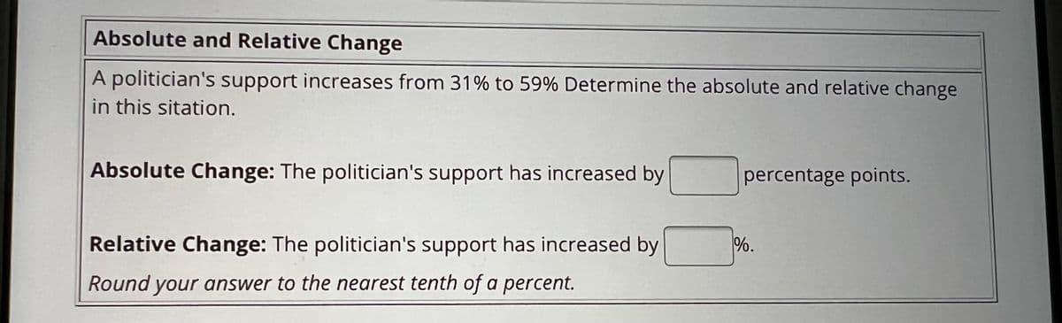 Absolute and Relative Change
A politician's support increases from 31% to 59% Determine the absolute and relative change
in this sitation.
Absolute Change: The politician's support has increased by
Relative Change: The politician's support has increased by
Round your answer to the nearest tenth of a percent.
percentage points.
%.