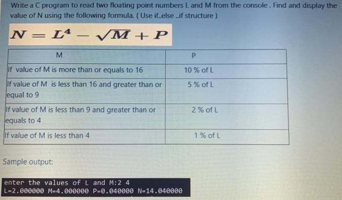 Write a C program to read two floating point numbers L and M from the console. Find and display the
value of N using the following formula. (Use if..else ..if structure)
N-LA-VM + P
M
If value of M is more than or equals to 16
If value of M is less than 16 and greater than or
equal to 9
If value of M is less than 9 and greater than or
equals to 4
If value of M is less than 4
Sample output:
enter the values of L and M:2 4
L-2.000000 M-4.000000 P=0.040000 N-14.040000
P
10% of L
5% of L
2% of L
1% of L