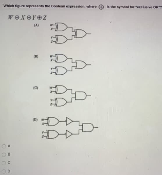 Which figure represents the Boolean expression, where
is the symbol for "exclusive OR"?
WOXOYOZ
(A)
(B)
(C)
(D)
