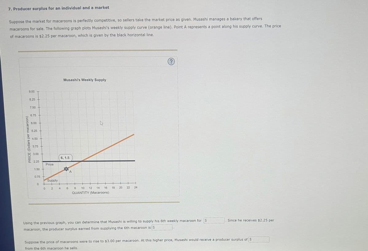 7. Producer surplus for an individual and a market
Suppose the market for macaroons is perfectly competitive, so sellers take the market price as given. Musashi manages a bakery that offers.
macaroons for sale. The following graph plots Musashi's weekly supply curve (orange line). Point A represents a point along his supply curve. The price
of macaroons is $2.25 per macaroon, which is given by the black horizontal line.
PRICE (Dollars per macaroon)
9.00
8.25
7.50 +
6.75
6.00 +
5.25
4.50
3.75
3.00
-
2.25
1.50
0.75 +
0
0
Price
Supply
Musashi's Weekly Supply
6, 1.5
*
A
2 4 6
10 12 14 16 18
QUANTITY (Macaroons)
8
20
22
24
?
Using the previous graph, you can determine that Musashi is willing to supply his 6th weekly macaroon for $
macaroon, the producer surplus earned from supplying the 6th macaroon is $
Since he receives $2.25 per
Suppose the price of macaroons were to rise to $3.00 per macaroon. At this higher price, Musashi would receive a producer surplus of $
from the 6th macaroon he sells.