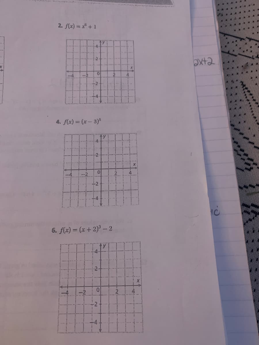 2. f(x) = x³ + 1
-2
--2
-4
-2-
-2
0
+2
4. f(x) = (x-3)5
+4
4.
-2
О
+2
6. f(x) = (x + 2)³ - 2
-2
0
-2
у
Ay
2
2
2
4
4
4
ах+2
IC
ww
ww
M
MAL
AMA MA