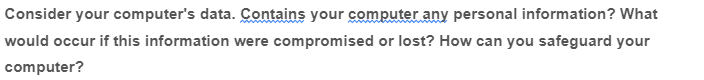 Consider your computer's data. Contains your computer any personal information? What
would occur if this information were compromised or lost? How can you safeguard your
computer?