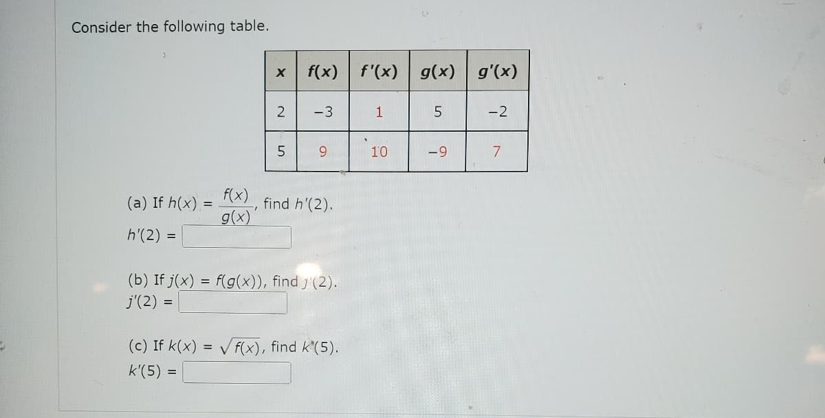 Consider the following table.
(a) If h(x)
h'(2) =
=
=
f(x)
g(x)
X
2
5
f(x) f'(x) g(x) g'(x)
-3
9
find h'(2).
(b) If j(x) = f(g(x)), find j'(2).
j'(2)
(c) If k(x)=√√f(x), find k (5).
k'(5) =
1
10
5
-9
-2
7