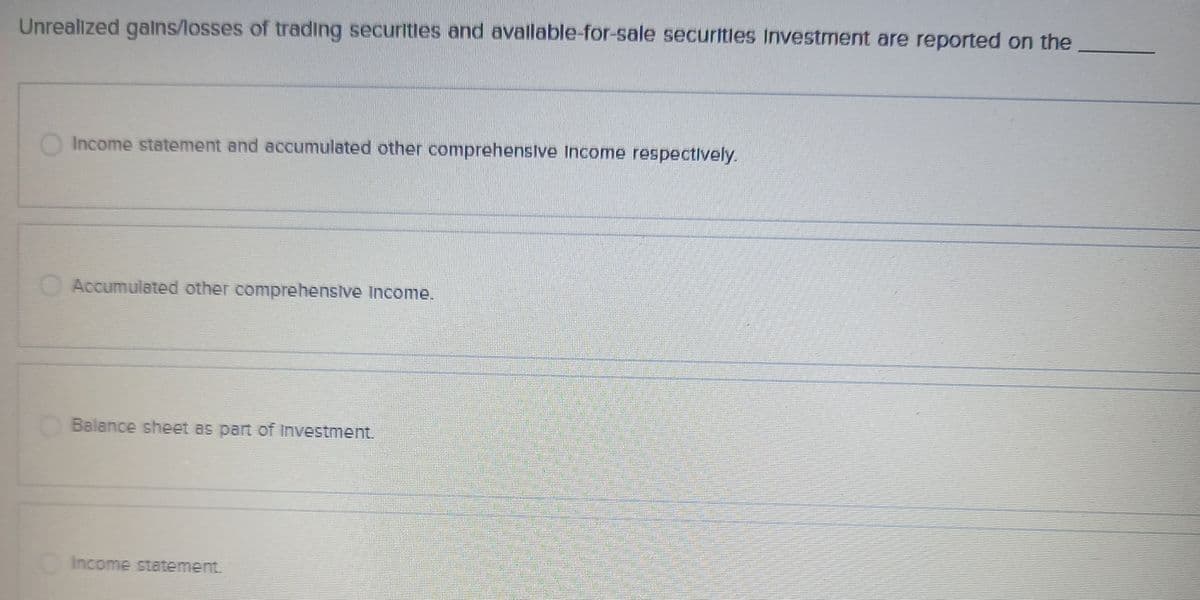 Unrealized gains/losses of trading securities and available-for-sale securities Investment are reported on the
Income statement and accumulated other comprehensive Income respectively.
Accumulated other comprehensive income.
Balance sheet as part of Investment.
Income statement.