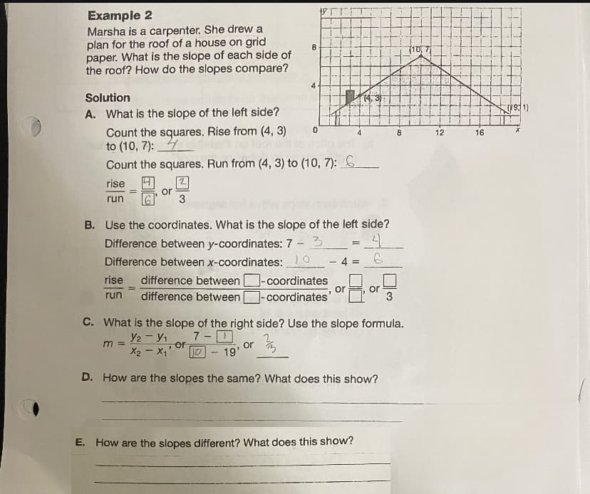 Example 2
Marsha is a carpenter. She drew a
plan for the roof of a house on grid
paper. What is the slope of each side of
the roof? How do the slopes compare?
Solution
A. What is the slope of the left side?
Count the squares. Rise from (4, 3)
to (10, 7):
Count the squares. Run from (4, 3) to (10, 7):
rise 4
run
or
3
8
m =
0
B. Use the coordinates. What is the slope of the left side?
Difference between y-coordinates: 7 - 3
=4
Difference between x-coordinates: 10 4=
G
=
rise difference between ]-coordinates
run difference between -coordinates'
TOF
-
or
4
=
14.37
E. How are the slopes different? What does this show?
C. What is the slope of the right side? Use the slope formula.
7-
Y2 - Y₁
X2X1²
or
10-19'
D. How are the slopes the same? What does this show?
3
8
(10, 7)
12
16
(19:1)
X