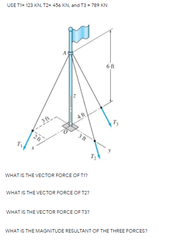 USE T1= 123 KN, T2= 456 KN, and T3 = 789 KN
6 ft
3 ft
4t
WHAT IS THE VECTOR FORCE OF T1?
WHAT IS THE VECTOR FORCE OF T2?
WHAT IS THE VECTOR FORCE OF T3?
WHAT IS THE MAGNITUDE RESULTANT OF THE THREE FORCES?
