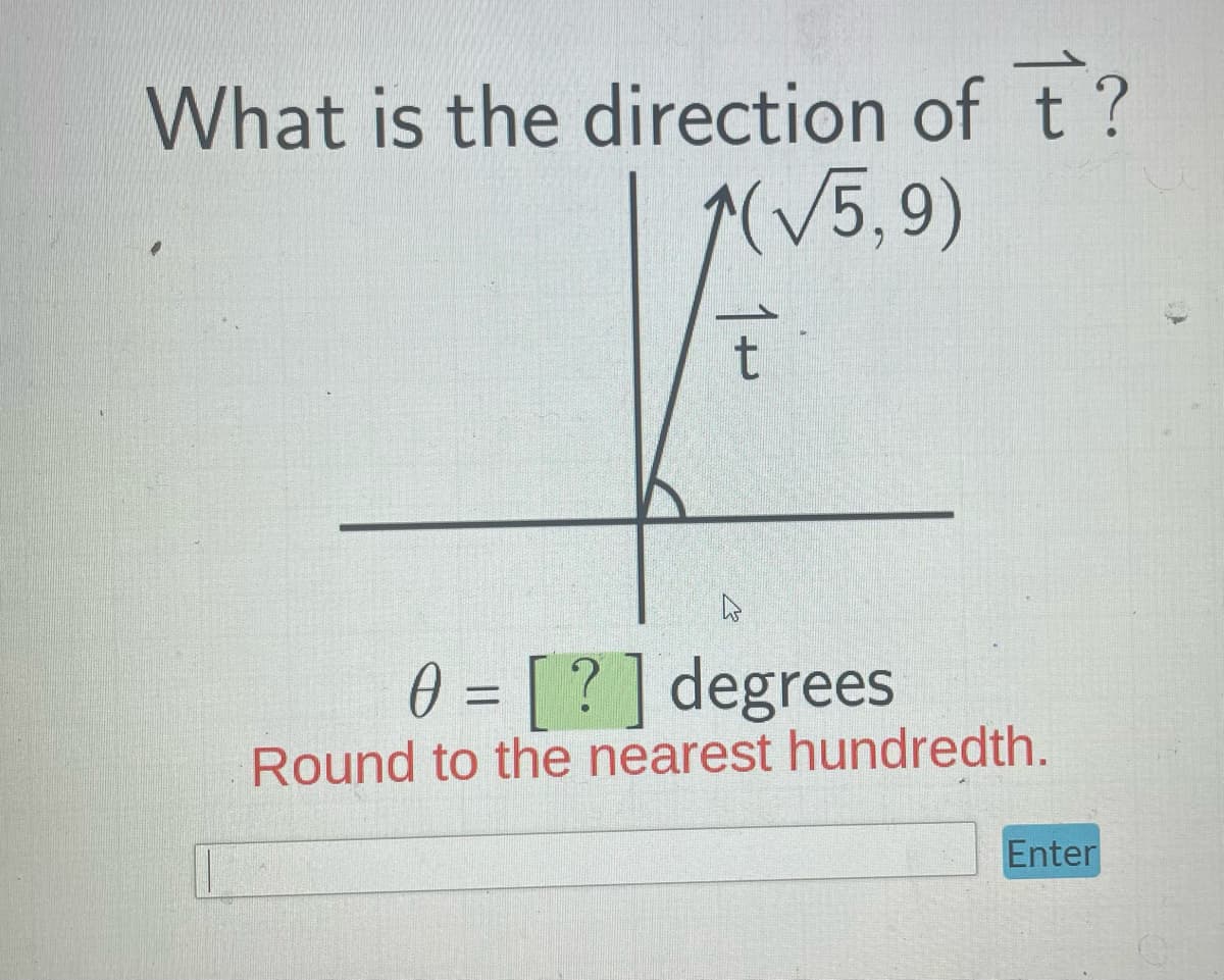 What is the direction of t?
^(√5,9)
t
0 = [?] degrees
Round to the nearest hundredth.
Enter