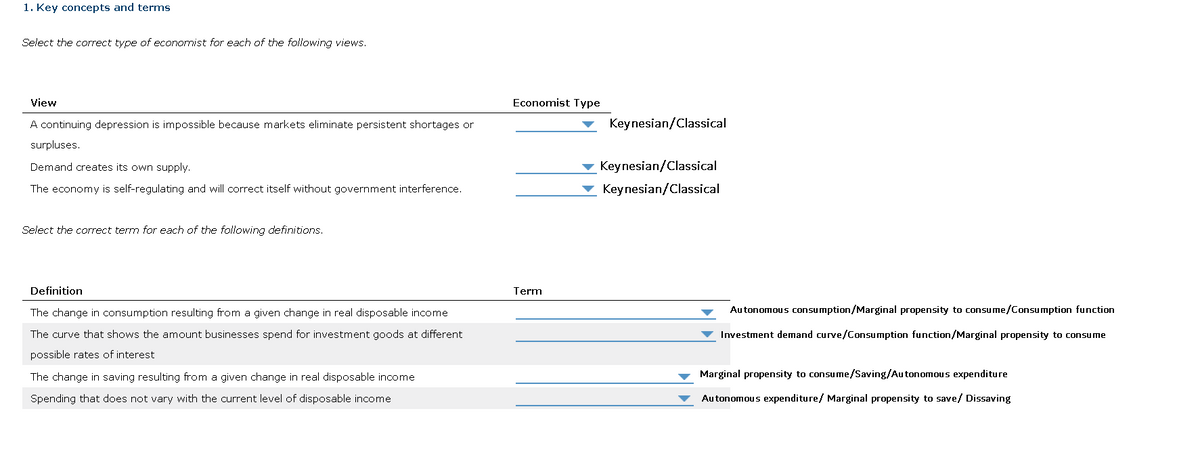 1. Key concepts and terms
Select the correct type of economist for each of the following views.
View
A continuing depression is impossible because markets eliminate persistent shortages or
surpluses.
Demand creates its own supply.
The economy is self-regulating and will correct itself without government interference.
Select the correct term for each of the following definitions.
Definition
The change in consumption resulting from given change in real disposable income
The curve that shows the amount businesses spend for investment goods at different
possible rates of interest
The change in saving resulting from a given change in real disposable income
Spending that does not vary with the current level of disposable income
Economist Type
Term
Keynesian/Classical
Keynesian/Classical
Keynesian/Classical
Autonomous consumption/Marginal propensity to consume/Consumption function
Investment demand curve/Consumption function/Marginal propensity to consume
Marginal propensity to consume/Saving/Autonomous expenditure
Autonomous expenditure/ Marginal propensity to save/ Dissaving