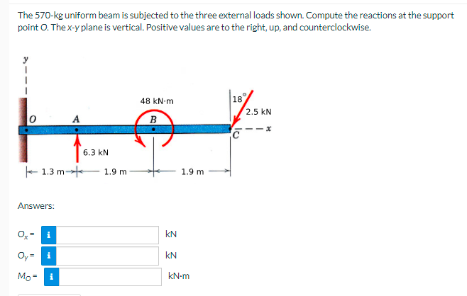 The 570-kg uniform beam is subjected to the three external loads shown. Compute the reactions at the support
point O. The x-y plane is vertical. Positive values are to the right, up, and counterclockwise.
18
2.5 kN
48 kN-m
A
B
6.3 kN
- 1.3 m-
1.9 m
1.9 m
Answers:
kN
Oy
kN
Mo =
kN-m
