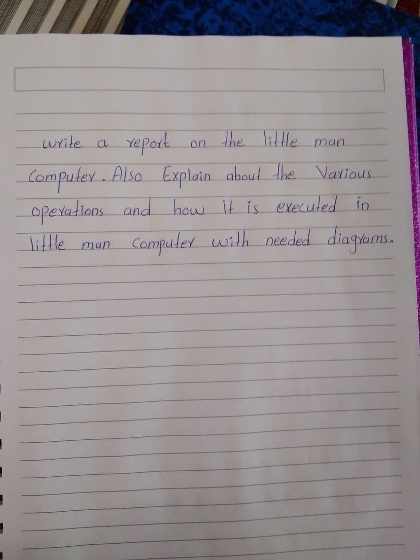 write a
on the litle man
Computer. Also Explain abeut the Various
operations and how it is execuled in
Computer wilth nee ded diagrams.
little man
