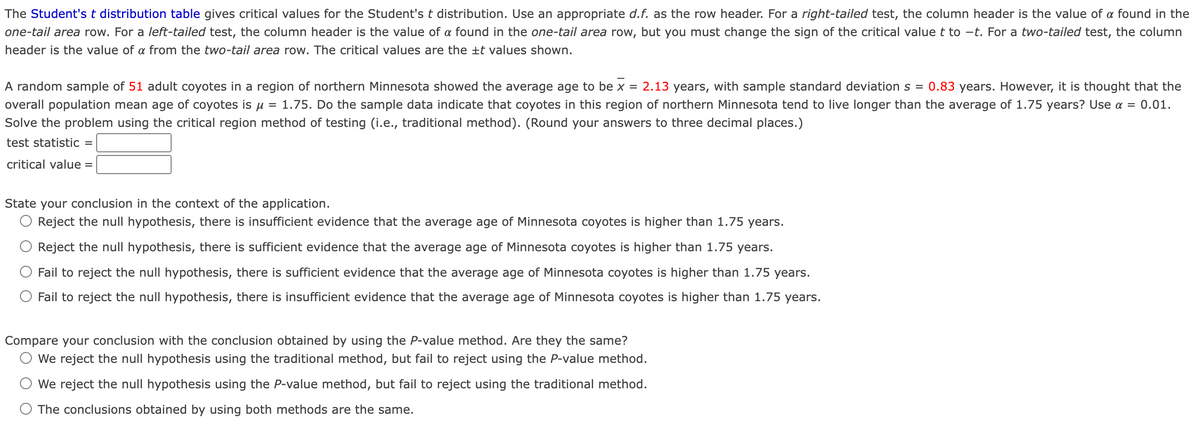 The Student's t distribution table gives critical values for the Student's t distribution. Use an appropriate d.f. as the row header. For a right-tailed test, the column header is the value of a found in the
one-tail area row. For a left-tailed test, the column header is the value of a found in the one-tail area row, but you must change the sign of the critical value t to -t. For a two-tailed test, the column
header is the value of a from the two-tail area row. The critical values are the ±t values shown.
A random sample of 51 adult coyotes in a region of northern Minnesota showed the average age to be x = 2.13 years, with sample standard deviation s = 0.83 years. However, it is thought that the
overall population mean age of coyotes is µ = 1.75. Do the sample data indicate that coyotes in this region of northern Minnesota tend to live longer than the average of 1.75 years? Use a = 0.01.
Solve the problem using the critical region method of testing (i.e., traditional method). (Round your answers to three decimal places.)
test statistic
critical value =
State your conclusion in the context of the application.
O Reject the null hypothesis, there is insufficient evidence that the average age of Minnesota coyotes is higher than 1.75 years.
Reject the null hypothesis, there is sufficient evidence that the average age of Minnesota coyotes is higher than 1.75 years.
Fail to reject the null hypothesis, there is sufficient evidence that the average age of Minnesota coyotes is higher than 1.75 years.
Fail to reject the null hypothesis, there is insufficient evidence that the average age of Minnesota coyotes is higher than 1.75 years.
Compare your conclusion with the conclusion obtained by using the P-value method. Are they the same?
We reject the null hypothesis using the traditional method, but fail to reject using the P-value method.
We reject the null hypothesis using the P-value method, but fail to reject using the traditional method.
The conclusions obtained by using both methods are the same.
