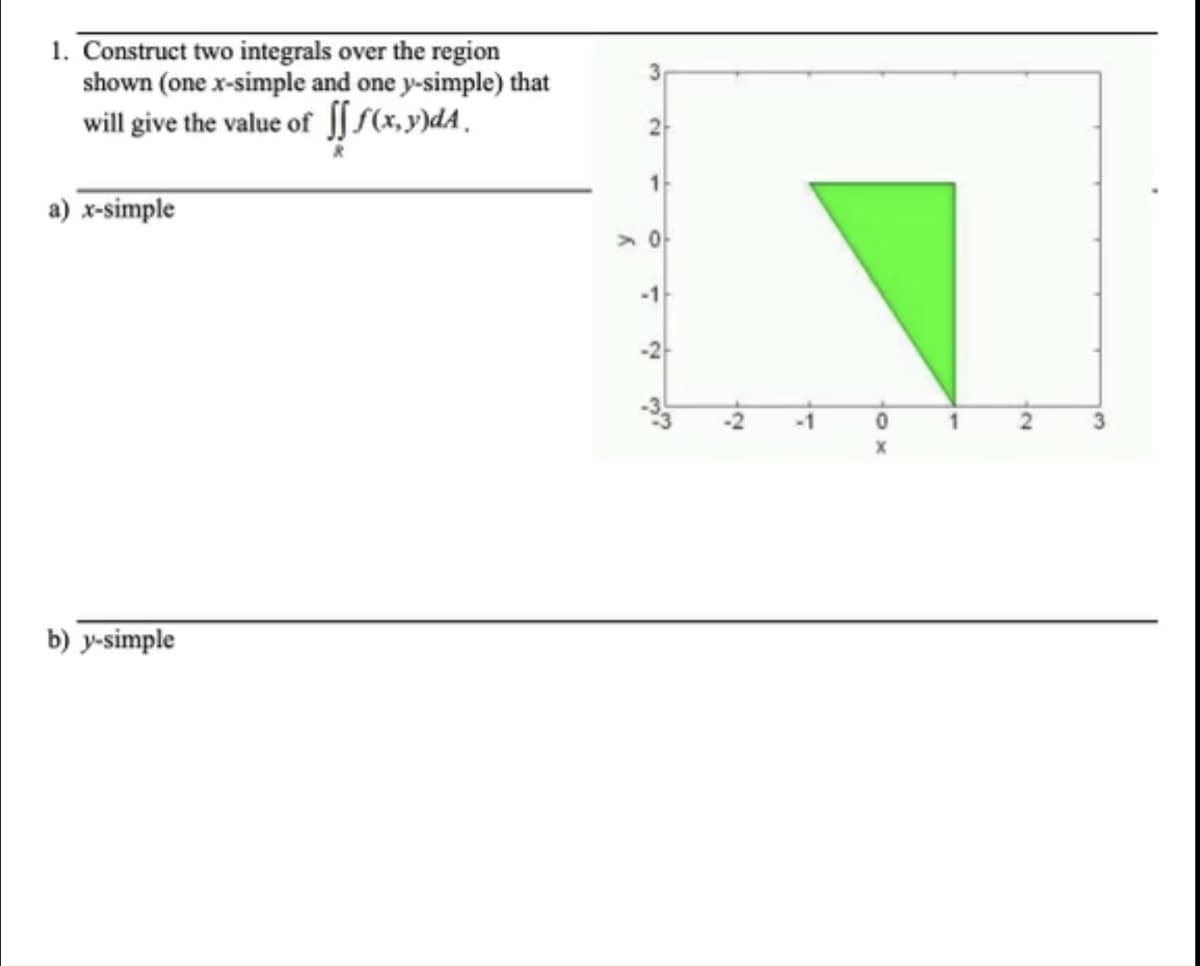 1. Construct two integrals over the region
shown (one x-simple and one y-simple) that
will give the value of fff(x,y)dA.
a) x-simple
b) y-simple
2
1
0
-1
No₂
-1
0
X
1
2
3