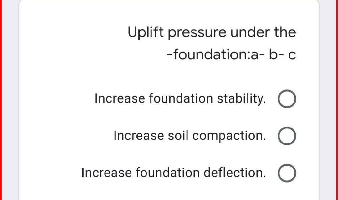 Uplift pressure under the
-foundation:a- b- c
Increase foundation stability. O
Increase soil compaction. O
Increase foundation deflection. O