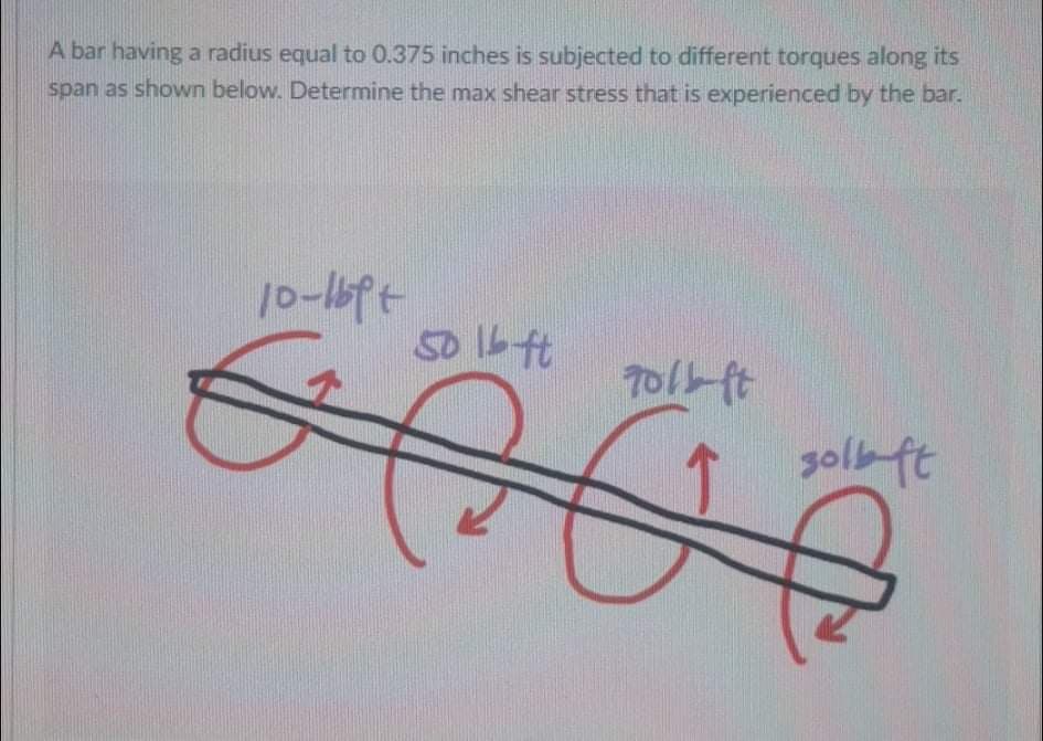 A bar having a radius equal to 0.375 inches is subjected to different torques along its
span as shown below. Determine the max shear stress that is experienced by the bar.
10-ft
50 16 ft
701-ft
solb ft
