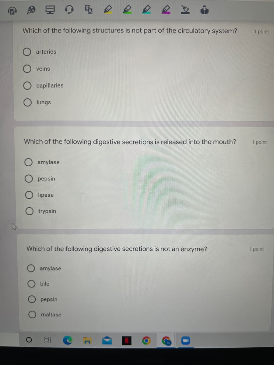 Which of the following structures is not part of the circulatory system?
arteries
veins
capillaries
lungs
Which of the following digestive secretions is released into the mouth?
amylase
pepsin
lipase
trypsin
Which of the following digestive secretions is not an enzyme?
amylase
bile
pepsin
maltase
O
10
1'
(C²
1 point
1 point
1 point