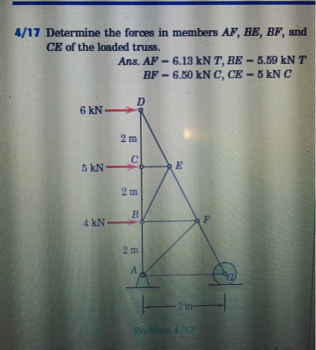 4/17 Determine the forces in members AF, BE, BF, and
CE of the loaded truss.
6 kN
5 KN-
4 KN
Ans. AF- 6.13 kN T, BE - 5.59 kN 7
BF-6.50 kN C, CE-5 kN C
2 m
C
A
Problem 4/17
PG