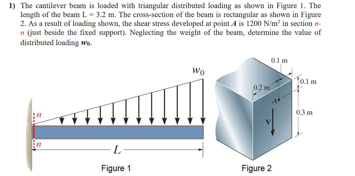 1) The cantilever beam is loaded with triangular distributed loading as shown in Figure 1. The
length of the beam L = 3.2 m. The cross-section of the beam is rectangular as shown in Figure
2. As a result of loading shown, the shear stress developed at point A is 1200 N/m² in section n-
n (just beside the fixed support). Neglecting the weight of the beam, determine the value of
distributed loading wo.
n
n
L
Figure 1
Wo
0.2 m
0.1 m
Figure 2
[0.1 m
0.3 m