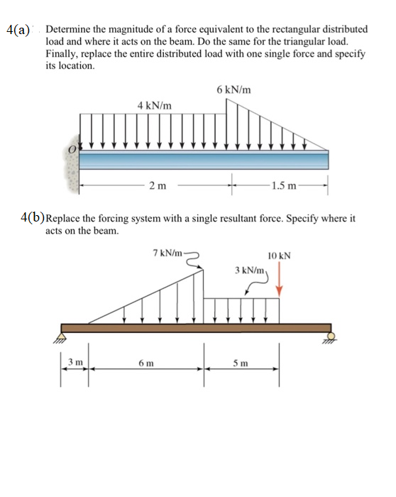 4(a) Determine the magnitude of a force equivalent to the rectangular distributed
load and where it acts on the beam. Do the same for the triangular load.
Finally, replace the entire distributed load with one single force and specify
its location.
4 kN/m
3 m
H
2m
4(b) Replace the forcing system with a single resultant force. Specify where it
acts on the beam.
7 kN/m-
6 kN/m
6 m
3 kN/m
-1.5 m-
5m
10 kN