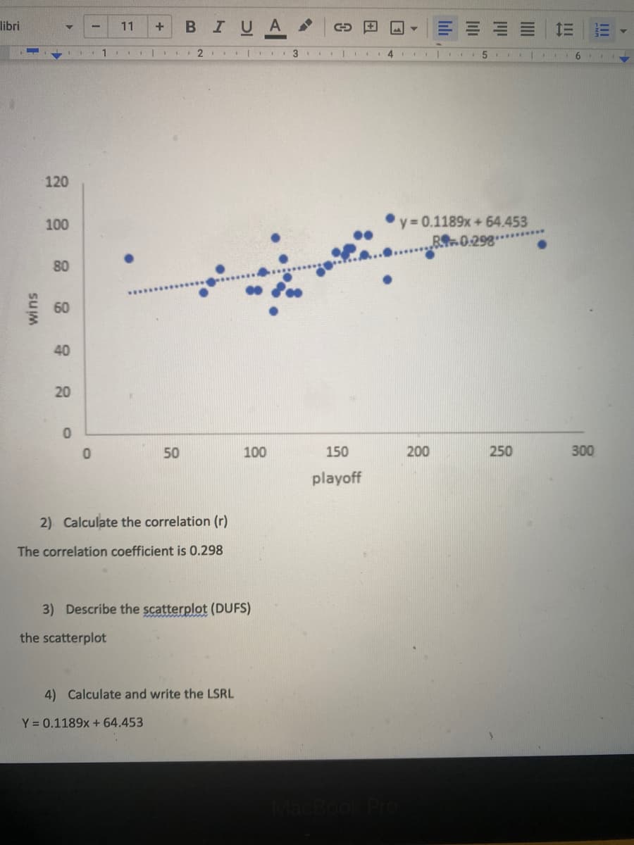 libri
11
BIUA
三
+
!!
1
5
120
100
y 0.1189x+64.453
B0.298*
80
60
40
20
50
100
150
200
250
300
playoff
2) Calculate the correlation (r)
The correlation coefficient is 0.298
3) Describe the scatterplot (DUFS)
the scatterplot
4) Calculate and write the LSRL
Y = 0.1189x + 64.453
III
lılı
suM
