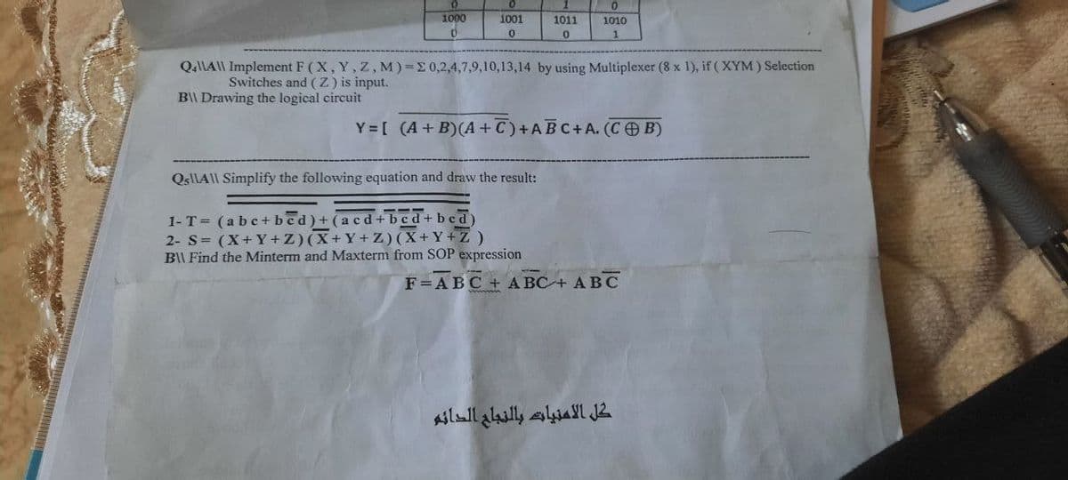 0.
1000
1001
1011
1010
QaI\A\| Implement F (X, Y, Z, M) E0,2,4,7,9,10,13,14 by using Multiplexer (8 x 1), if ( XYM) Selection
Switches and (Z) is input.
B\ Drawing the logical circuit
Y = [ (A+ B)(A+C)+ABC+A. (C OB)
QsIIA|| Simplify the following equation and draw the result:
1-T= (abc+bcd)+ (acd +bcd+bcd)
2- S (X+Y+Z)(X+Y+Z)(X+Y+Z)
B\ Find the Minterm and Maxterm from SOP expression
F=ABC + A BC+ ABC
slull alailly slual J2.
