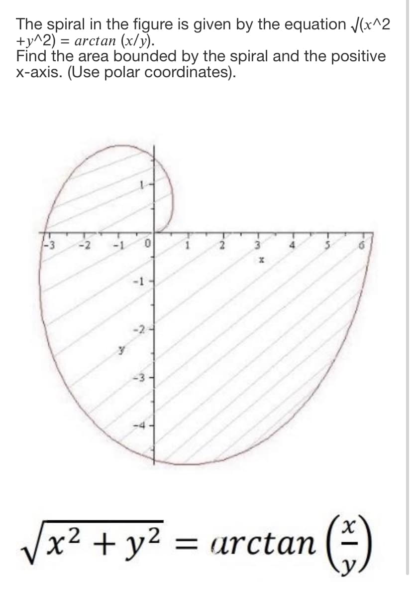 The spiral in the figure is given by the equation V(x^2
+y^2)
Find the area bounded by the spiral and the positive
x-axis. (Use polar coordinates).
arctan (x/y).
x² + y² = arctan
(-)
2
4.
