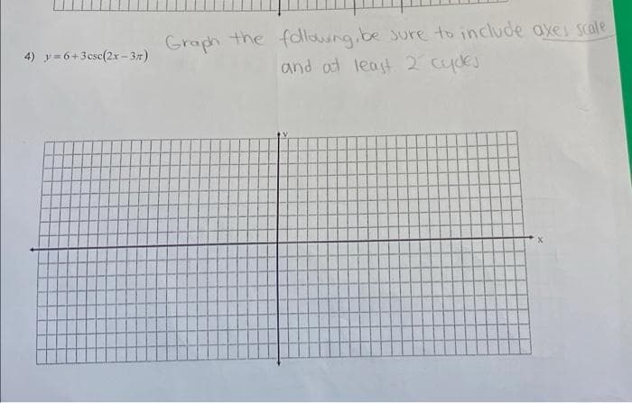 Graph the fdlowng.be sure to include axes Scale
and at least 2 cydes
4) y=6+3csc(2r- 37)
