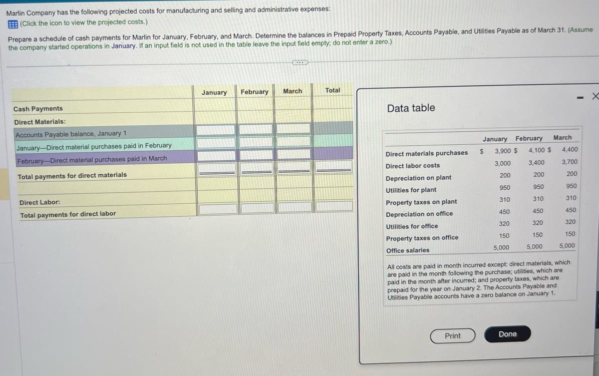 Marlin Company has the following projected costs for manufacturing and selling and administrative expenses:
(Click the icon to view the projected costs.)
Prepare a schedule of cash payments for Marlin for January, February, and March. Determine the balances in Prepaid Property Taxes, Accounts Payable, and Utilities Payable as of March 31. (Assume
the company started operations in January. If an input field is not used in the table leave the input field empty; do not enter a zero.)
Cash Payments
Direct Materials:
Accounts Payable balance, January 1
January-Direct material purchases paid in February
February-Direct material purchases paid in March
Total payments for direct materials
Direct Labor:
Total payments for direct labor
January
February
March
Total
Data table
Direct materials purchases
Direct labor costs
Depreciation on plant
Utilities for plant
Property taxes on plant
Depreciation on office
Utilities for office
Property taxes on office
Office salaries
Print
January February March
3,900 $ 4,100 $
3,000 3,400
4,400
3,700
200
200
200
950
950
950
310
310
310
450
450
450
320
320
320
150
150
150
5,000
5,000
5,000
$
All costs are paid in month incurred except: direct materials, which
are paid in the month following the purchase; utilities, which are
paid in the month after incurred; and property taxes, which are
prepaid for the year on January 2. The Accounts Payable and
Utilities Payable accounts have a zero balance on January 1.
- X
Done
