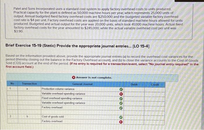 Patel and Sons Incorporated uses a standard cost system to apply factory overhead costs to units produced.
Practical capacity for the plant is defined as 50,000 machine hours per year, which represents 25,000 units of
output. Annual budgeted fixed factory overhead costs are $250,000 and the budgeted variable factory overhead
cost rate is $4 per unit. Factory overhead costs are applied on the basis of standard machine hours allowed for units
produced. Budgeted and actual output for the year was 20,000 units, which took 41,000 machine hours. Actual fixed
factory overhead costs for the year amounted to $245,000, while the actual variable overhead cost per unit was
$3.90.
Brief Exercise 15-19 (Static) Provide the appropriate journal entries.. (LO 15-4]
Based on the information provided above, provide the appropriate journal entries (a) to record the overhead cost variances for the
period (thereby closing out the balance in the Factory Overhead account), and (b) to close the variance accounts to the Cost of Goods
Sold (CGS) account at the end of the period. (If no entry is required for a transaction/event, select "No journal entry required" in the
first account field.)
Answer is not complete.
No
Transaction
General Journal
Debit
Credit
Production volurne variance
Variable overhead spending variance
Fixed overhead spending variance
Variable overhead spending variance
Factory overhead
2
b.
Cost of goods sold
Factory overhead
00000
