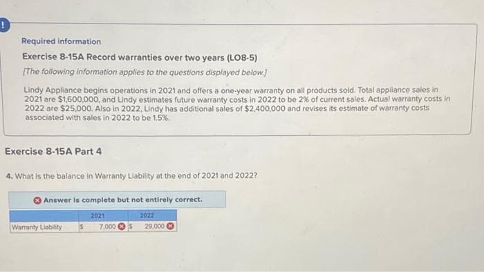 Required information
Exercise 8-15A Record warranties over two years (LO8-5)
[The following information applies to the questions displayed below.)
Lindy Appliance begins operations in 2021 and offers a one-year warranty on all products sold. Total appliance sales in
2022 are $25,000. Also in 2022, Lindy has additional sales of $2,400,000 and revises its estimate of warranty costs
associated with sales in 2022 to be 1.5%.
Exercise 8-15A Part 4
4. What is the balance in Warranty Llability at the end of 2021 and 2022?
Answer is complete but not entirely correct.
2022
7.000 Os 29,000
2021
Warranty Liobility s
