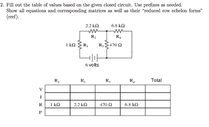 2. Fill out the table of values based on the given closed circuit. Use prefixes as needed.
Show all equations and corresponding matrices as well as their "reduced row echelon forms"
(rref).
2.2 k2
ww
6.8 k2
ww
R4
R2
1 k2 R,
R$470 2
6 volts
R,
R,
R,
R4
Total
R
1 k2
2.2 k2
470 2
6.8 k2
P
